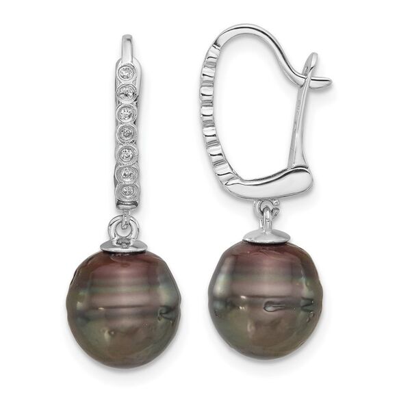 14K White Gold 9-10mm Round Black Tahitian Pearl & .07ct Dia Earrings